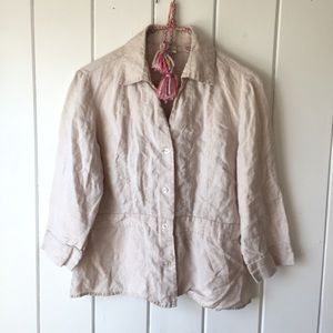 100% Linen Tan Button Down Blouse Top Collar Med